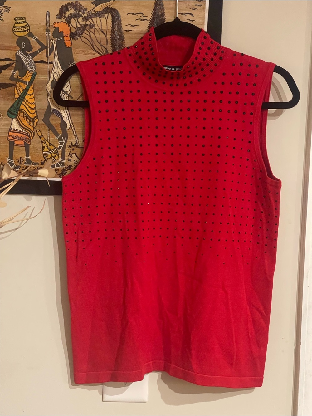 Sleeveless Red Studded Mock-Neck Top